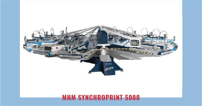 The MHM Synchroprint 5000 has a typical print area of 28×39 inches and comes with 18 colors along with 16 print stations. It controls as well as records the screen position using motors. Once you’ve set it up, you can store it indefinitely since the memory capacity is limitless. Features - Change the palette with an easy push-web button. Production capacity from 900 to 1400 pieces per hour Tablet controller with wifi connection web to print solution